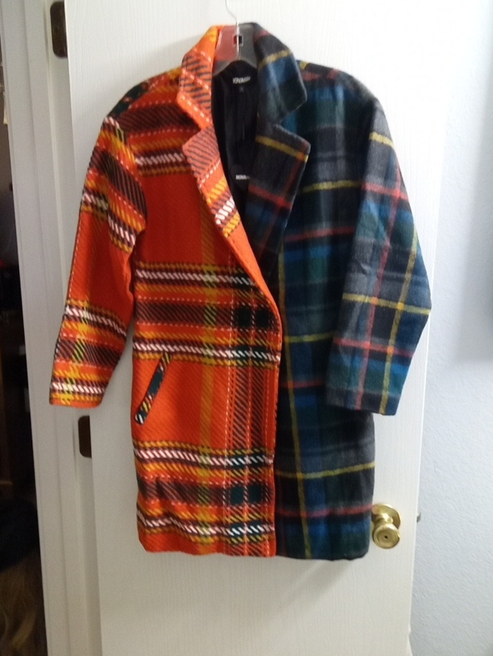 Girls' Reversible Plaid Pea Coat - Orange & Blue